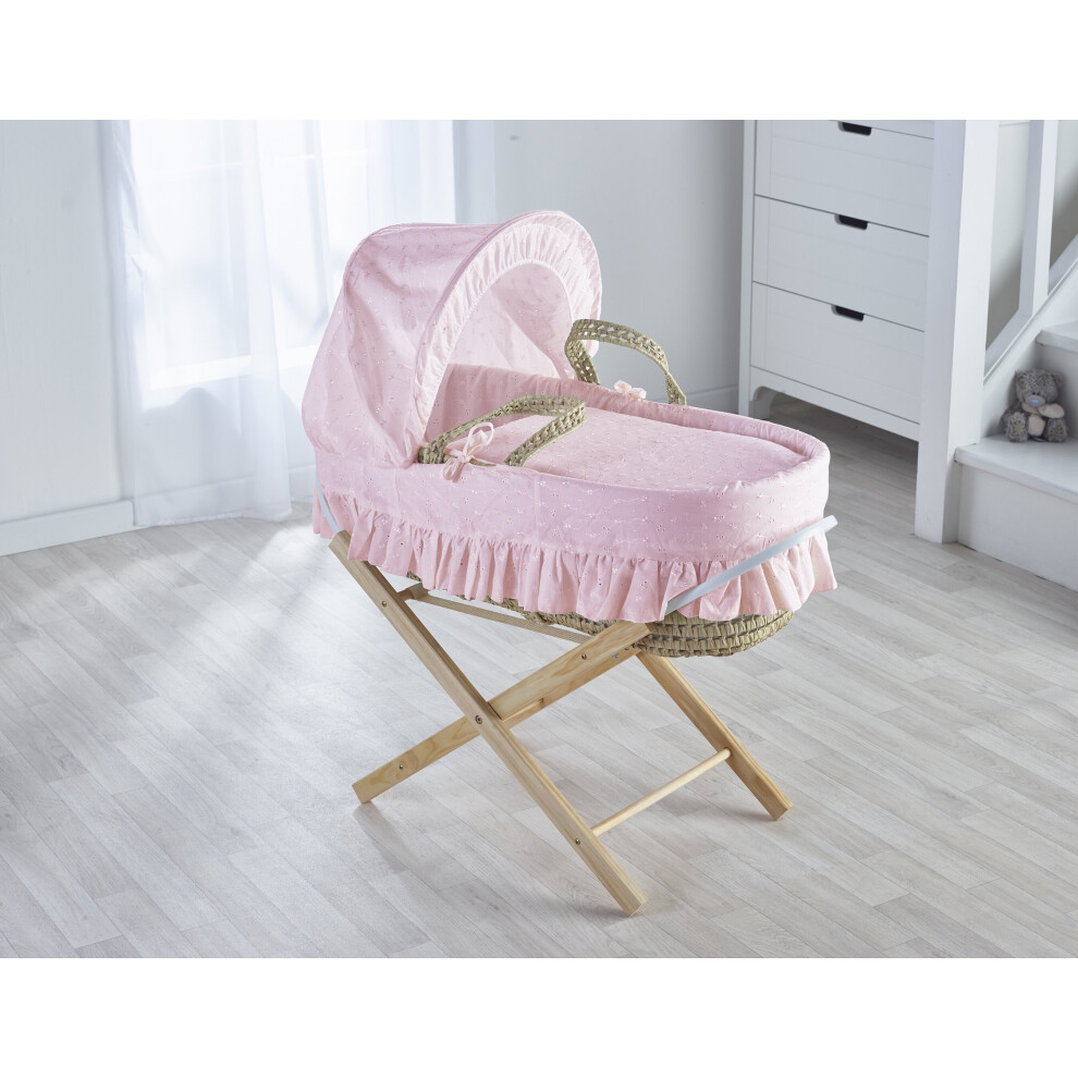 Girls Pink BA Moses Basket with Folding Stand - Opal Natural