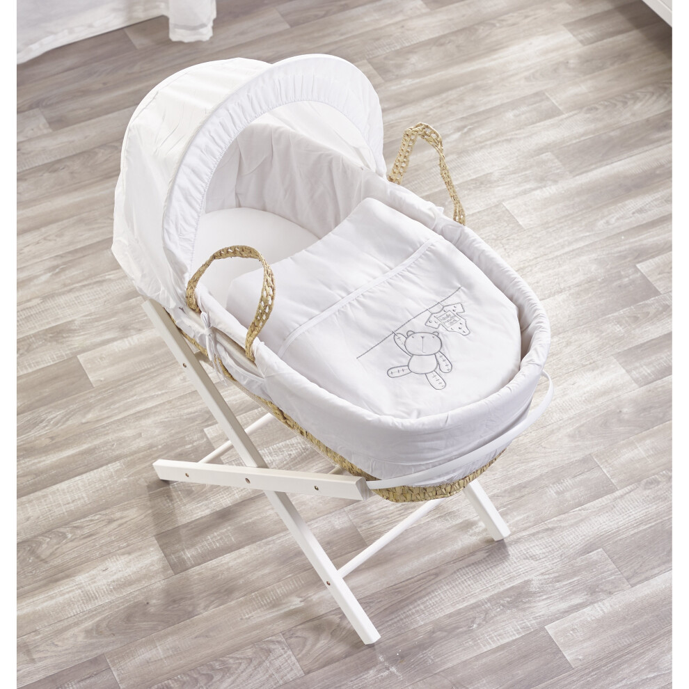 White Teddy Wash Day Palm Moses Basket with Folding Stand - Opal White