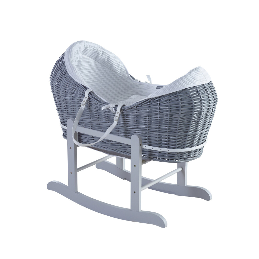 White Waffle Grey Pod Moses Basket with Rocking Stand Deluxe Grey