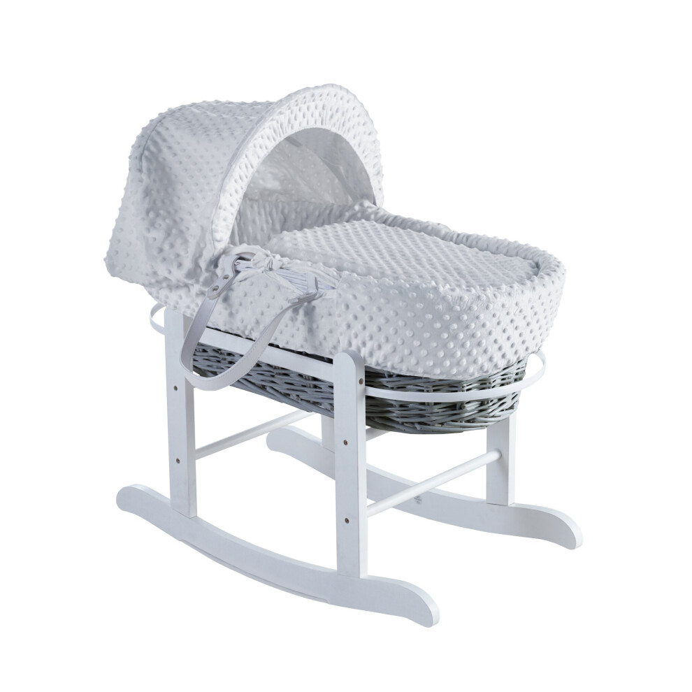 White Dimple Grey Wicker Moses Basket with Rocking Stand Deluxe White