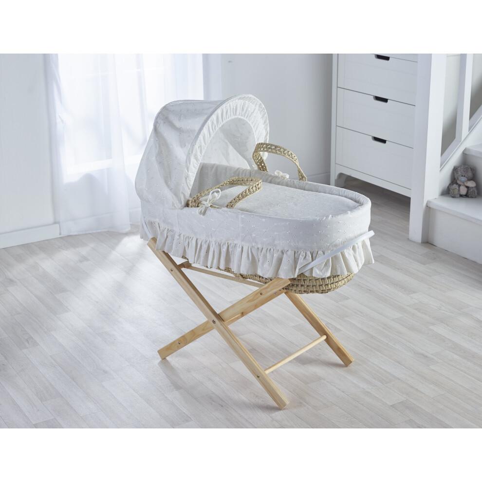 Cream Broderie Anglaise Palm Moses Basket with Folding Stand - Opal Natural