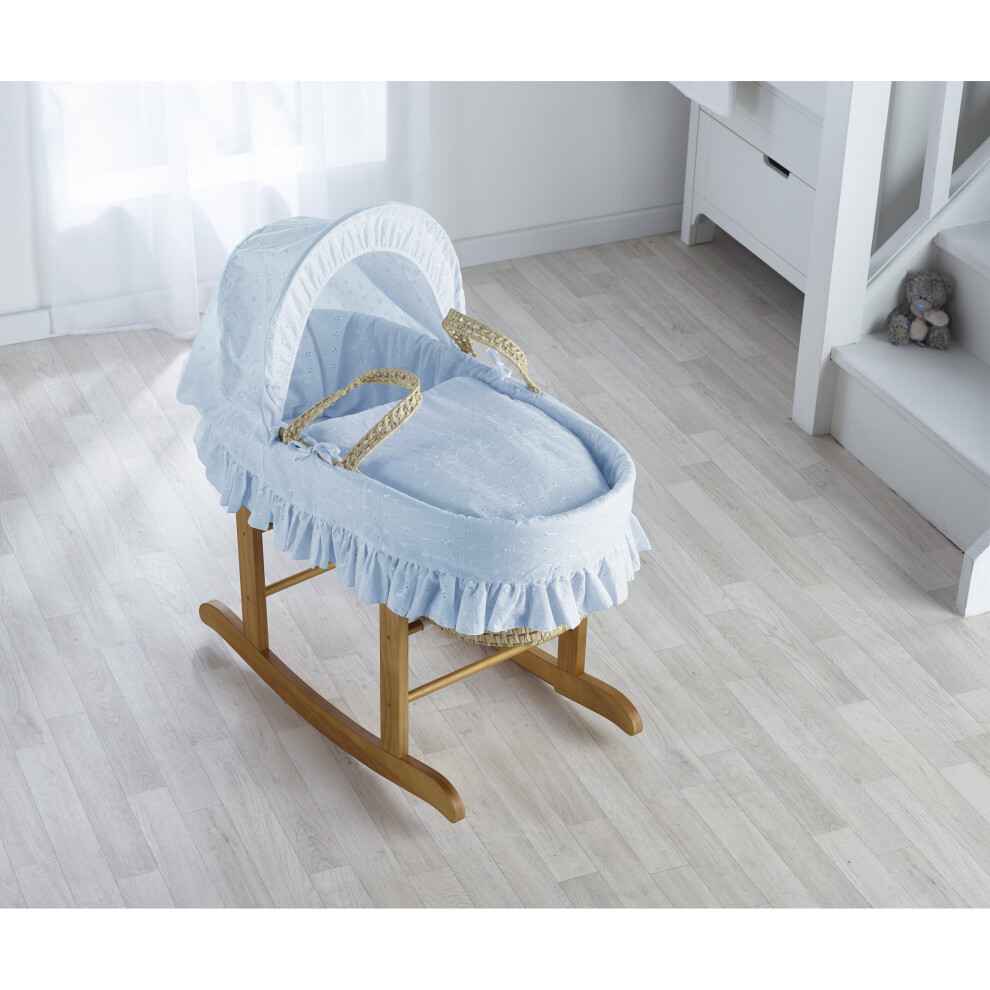 Blue Broderie Anglaise Palm Moses Basket with Rocking Stand Deluxe Natural