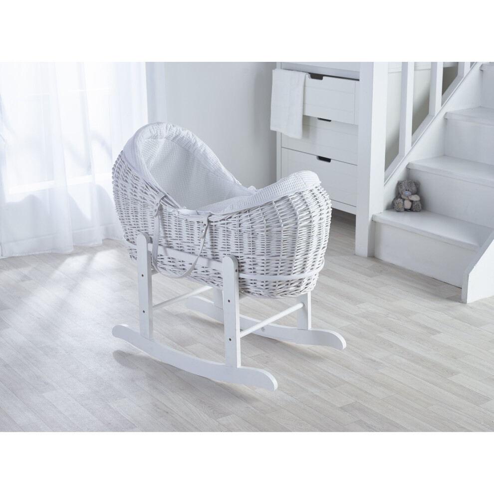 White Waffle White Pod Moses Basket with Rocking Stand Deluxe White