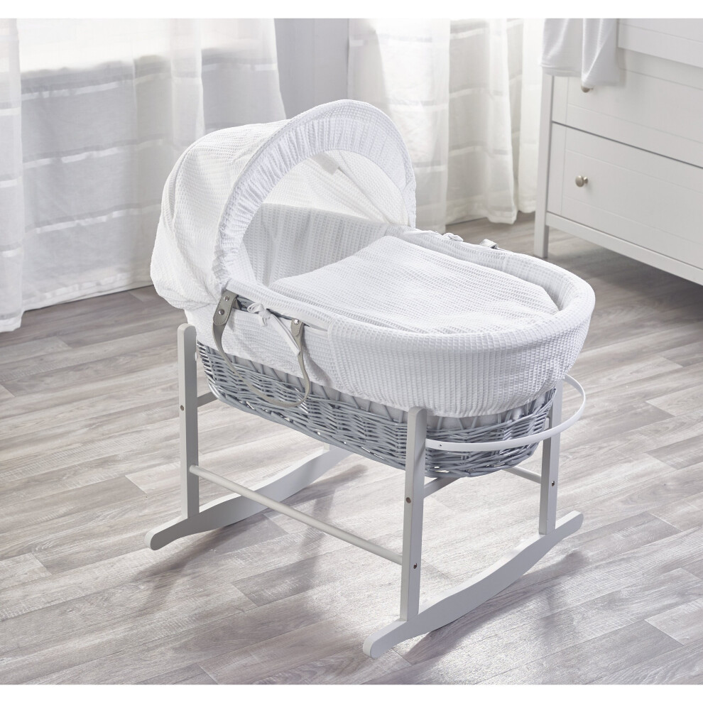 White Waffle Grey Wicker Moses Basket with Rocking Stand Grey