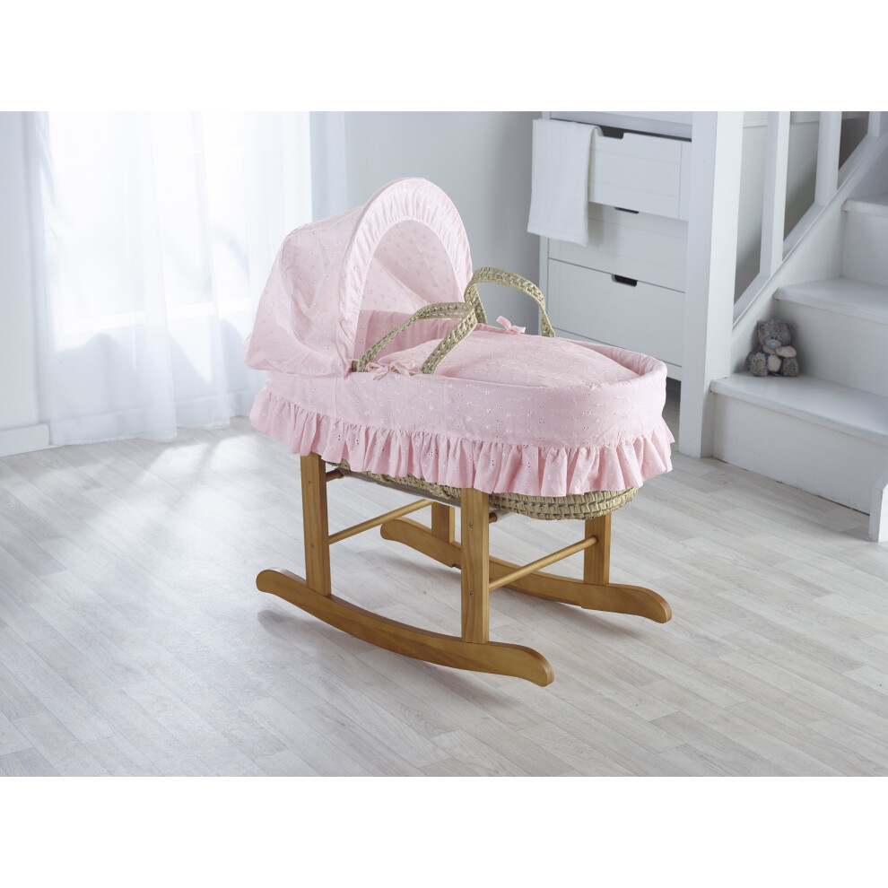 Girls Pink BA Palm Moses Basket with Rocking Stand Deluxe Natural