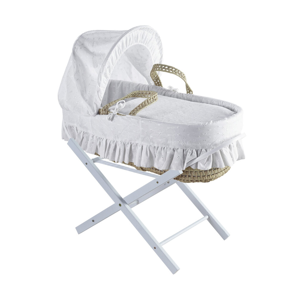 White Broderie Anglaise Moses Basket with Folding Stand - Opal White