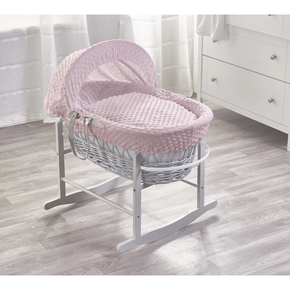 Girls Pink Dimple Grey Wicker Moses Basket with Rocking Stand Grey