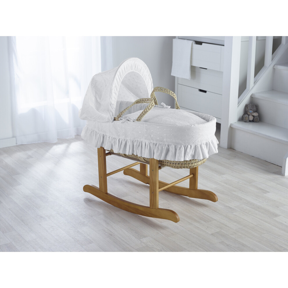 White Broderie Anglaise Palm Moses Basket with Rocking Stand Deluxe Natural