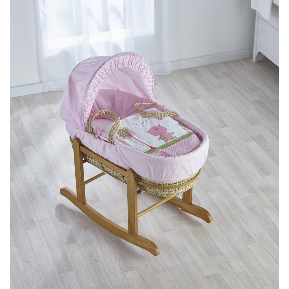 Tiny Ted Girls Pink Palm Moses Basket with Rocking Stand Natural