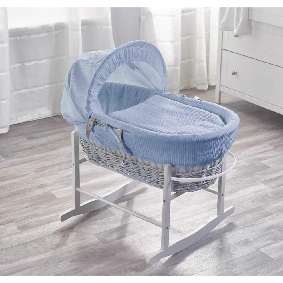 Blue Waffle Grey Wicker Moses Basket with Rocking Stand Grey