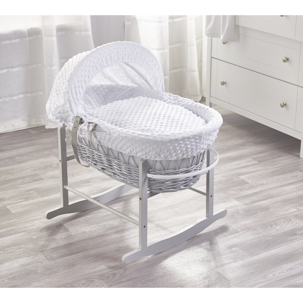 White Dimple Grey Wicker Moses Basket with Rocking Stand Grey