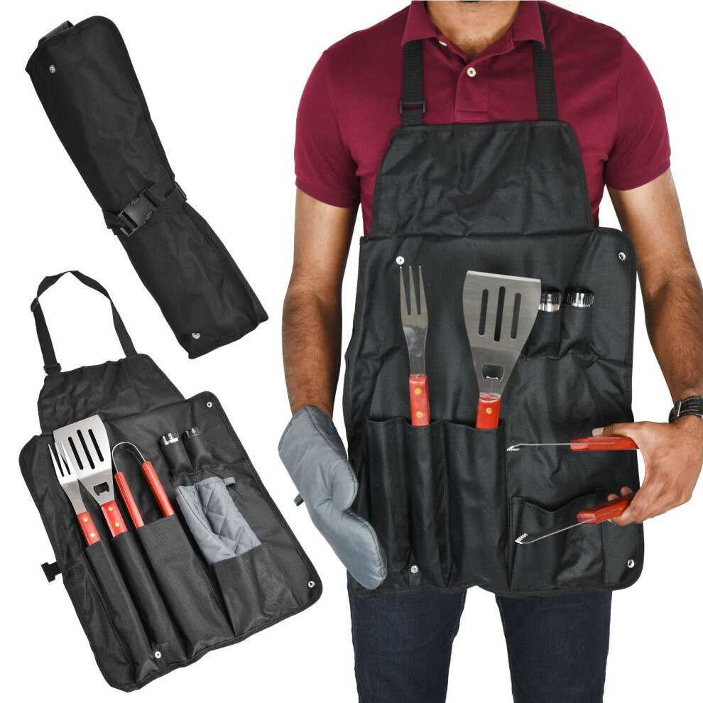 Asab 7Pc Bbq Cooking Tool Wooden Utensil Set Barbecue Grilling Apron Spatula Tongs