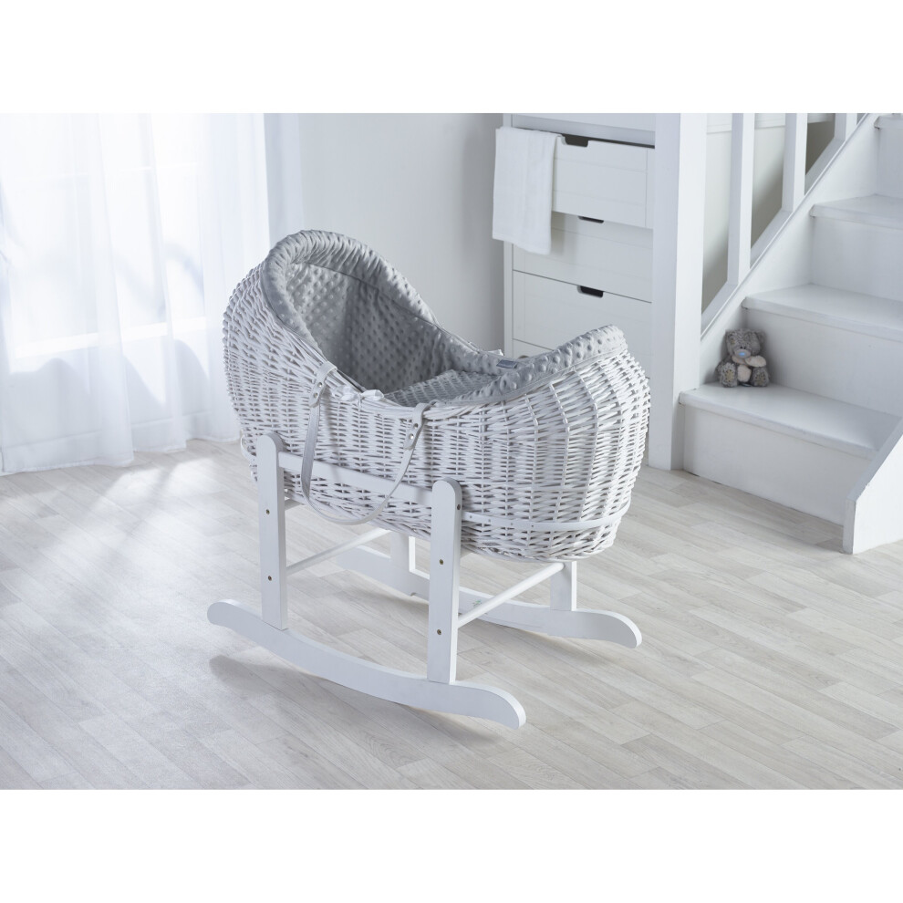 Grey Dimple White Pod Moses Basket with Rocking Stand Deluxe White