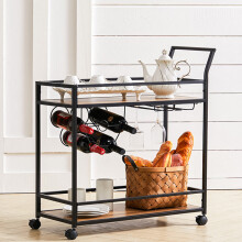 (D) Vintage Wood 2 Tiers Kitchen Serving Trolley with Wine Rack