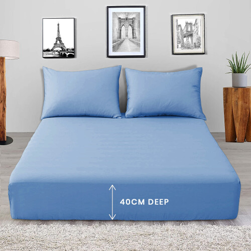 (Sky Blue, Double) Extra Deep Fitted Sheets 40cm Soft Bed Sheet Single Double King UK