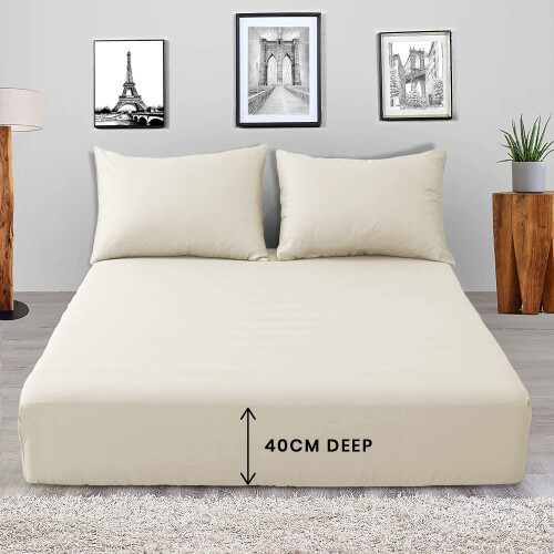 (Cream, Single) Extra Deep Fitted Sheets 40cm Soft Bed Sheet Single Double King UK