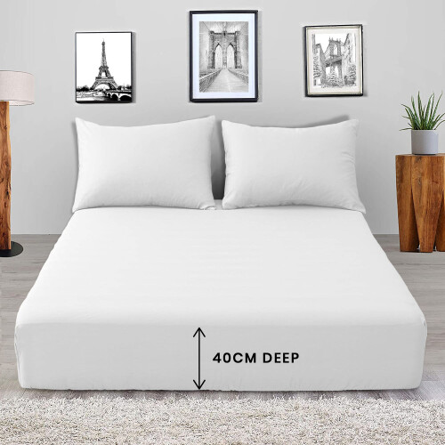 (White, Double) Extra Deep Fitted Sheets 40cm Soft Bed Sheet Single Double King UK