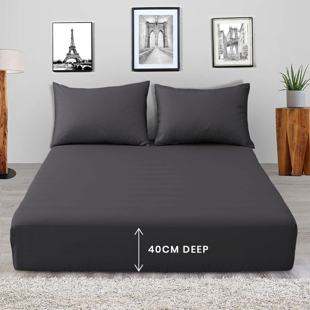 (Charcoal, Double) Extra Deep Fitted Sheets 40cm Soft Bed Sheet Single Double King UK