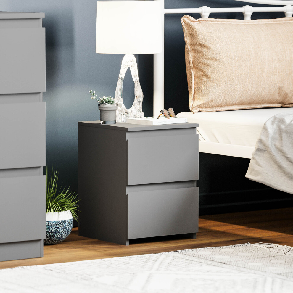 (Grey) Denver 2 Drawer Bedside Chest Side End Cabinet