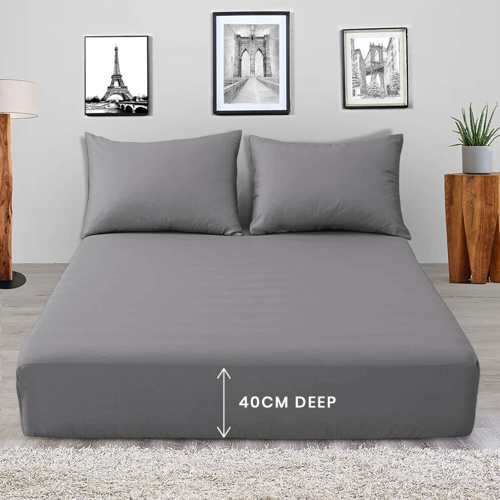 (Grey, King) Extra Deep Fitted Sheet 40CM Microfiber Bed Sheets