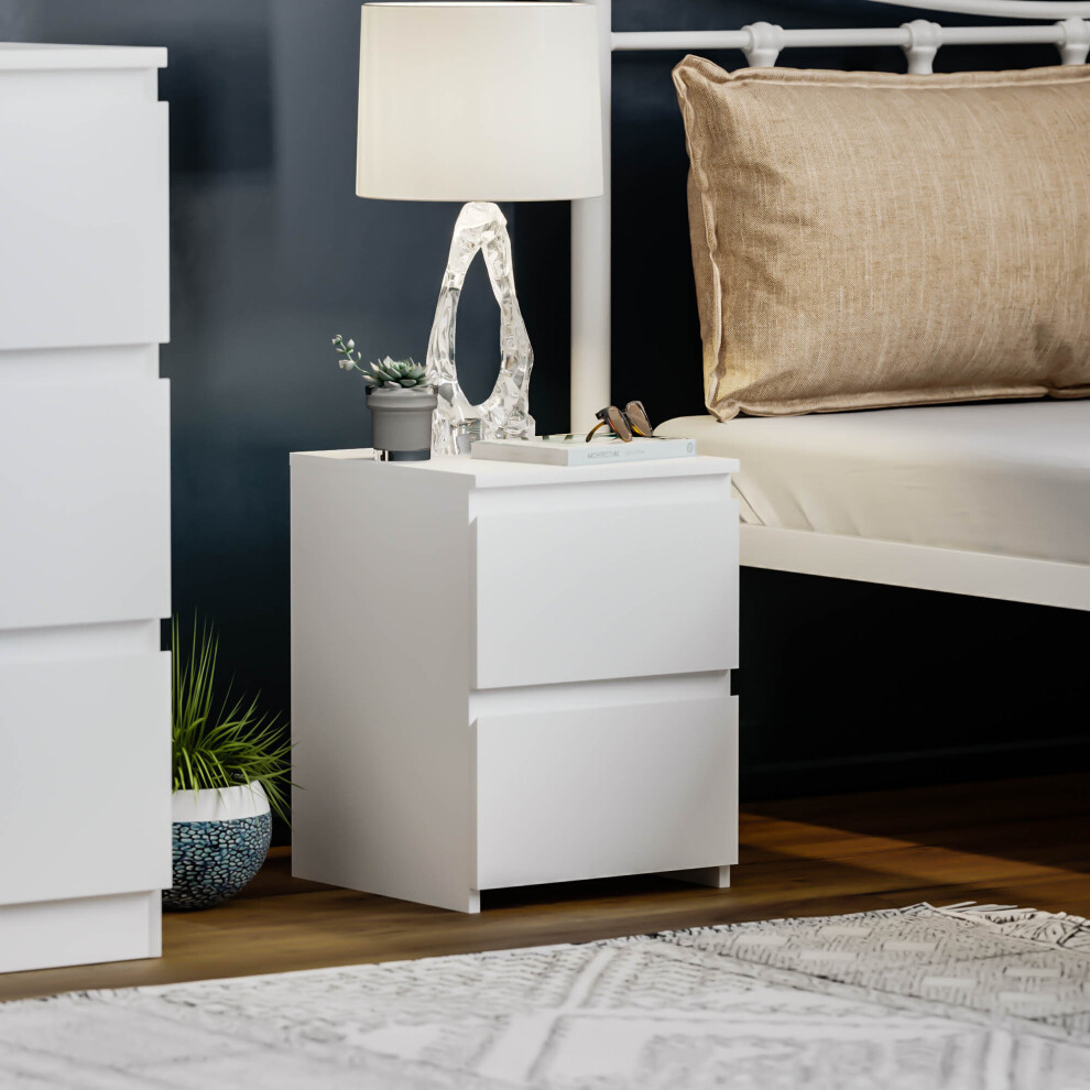 (White) Denver 2 Drawer Bedside Chest Side End Cabinet