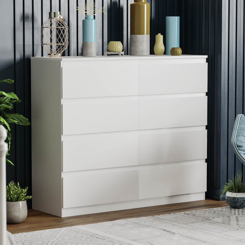 (White) Denver 8 Drawer Chest Wide Bedroom Garment Storage