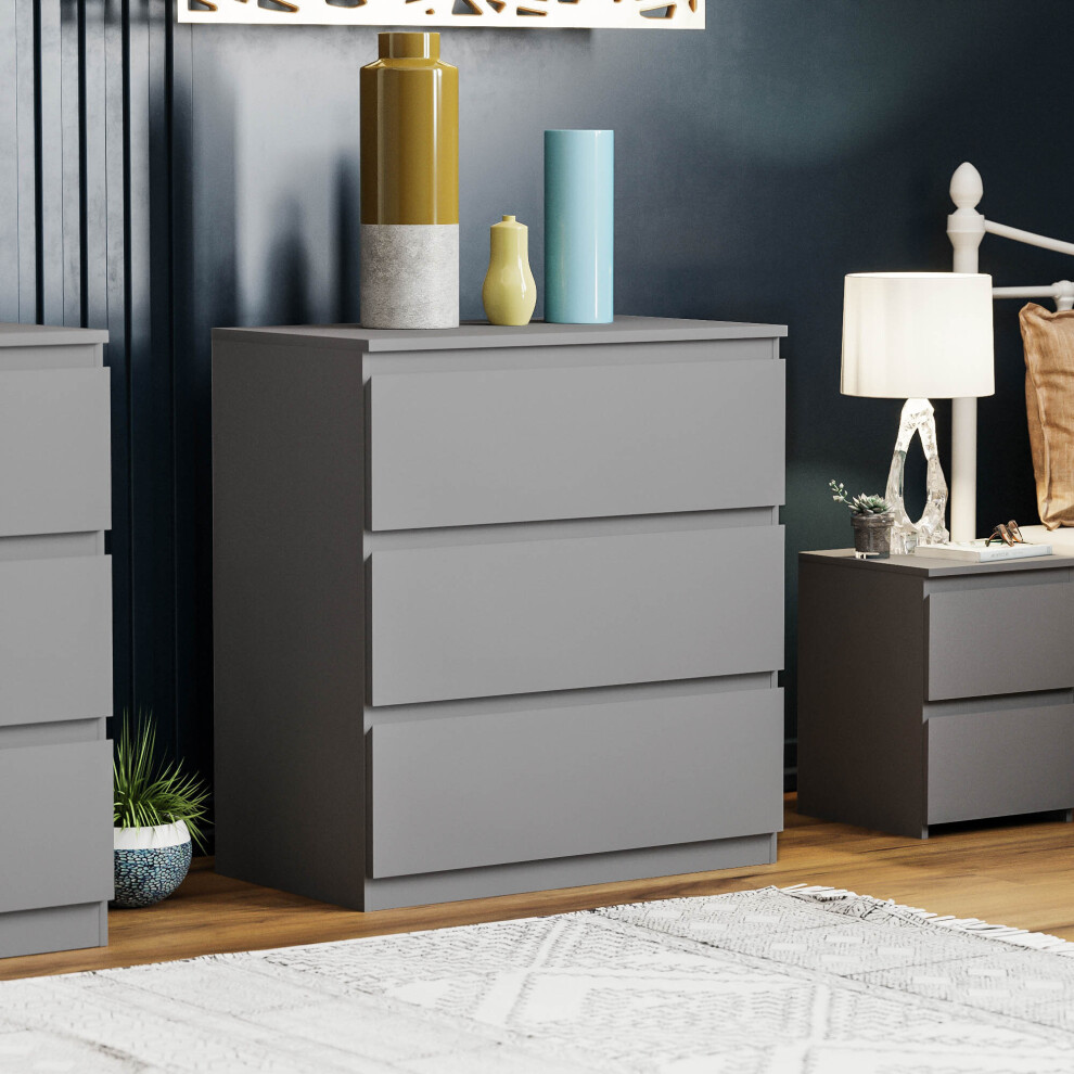 (Grey) Denver 3 Drawer Bedside Chest Side Garment Cabinet