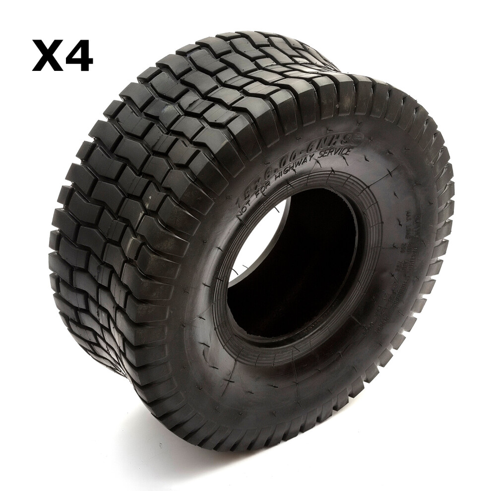 4X Tyre 15X6.00-6 Garden Lawn Tractor 6" Rim Grass Safe Chevron Tread 5056213574376