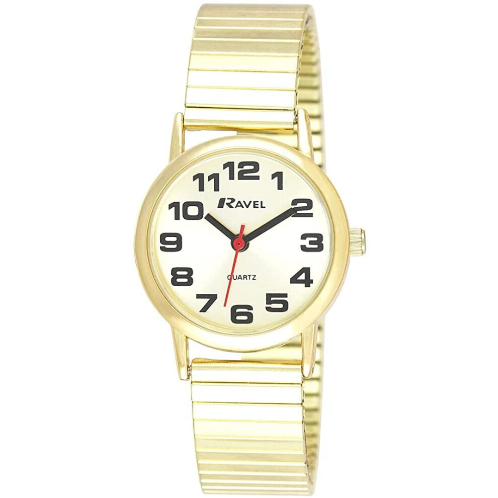 Ravel - Women's Easy Read Watch with Big Numbers on Stainless Steel Expander Bracelet - Gold Tone/Champagne Dial