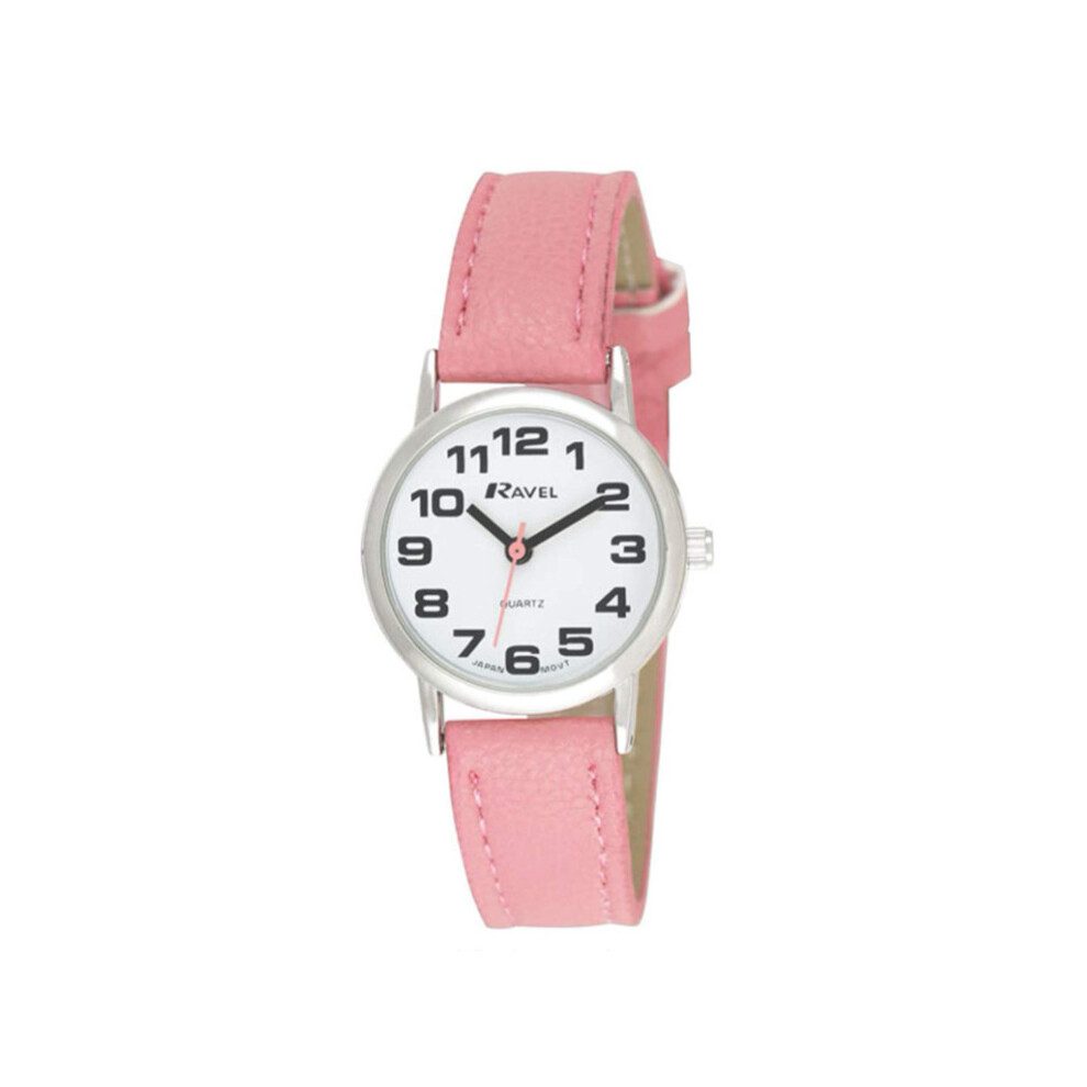 Ravel Women's Easy Read Watch with Big Numbers (Small) - Pink/Silver Tone/White Dial