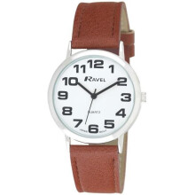 Ravel Unisex Easy Read Watch with Big Numbers - Brown/Silver Tone/White Dial