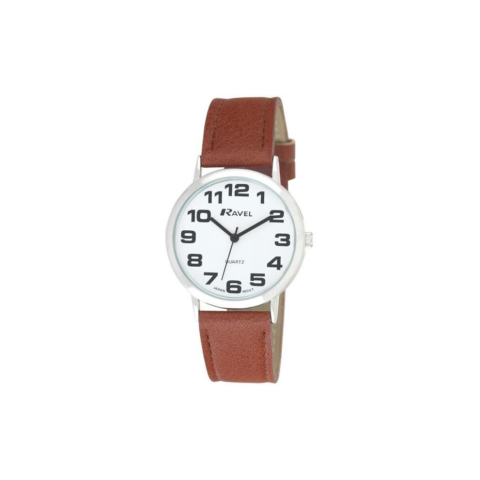Ravel Unisex Easy Read Watch with Big Numbers - Brown/Silver Tone/White Dial