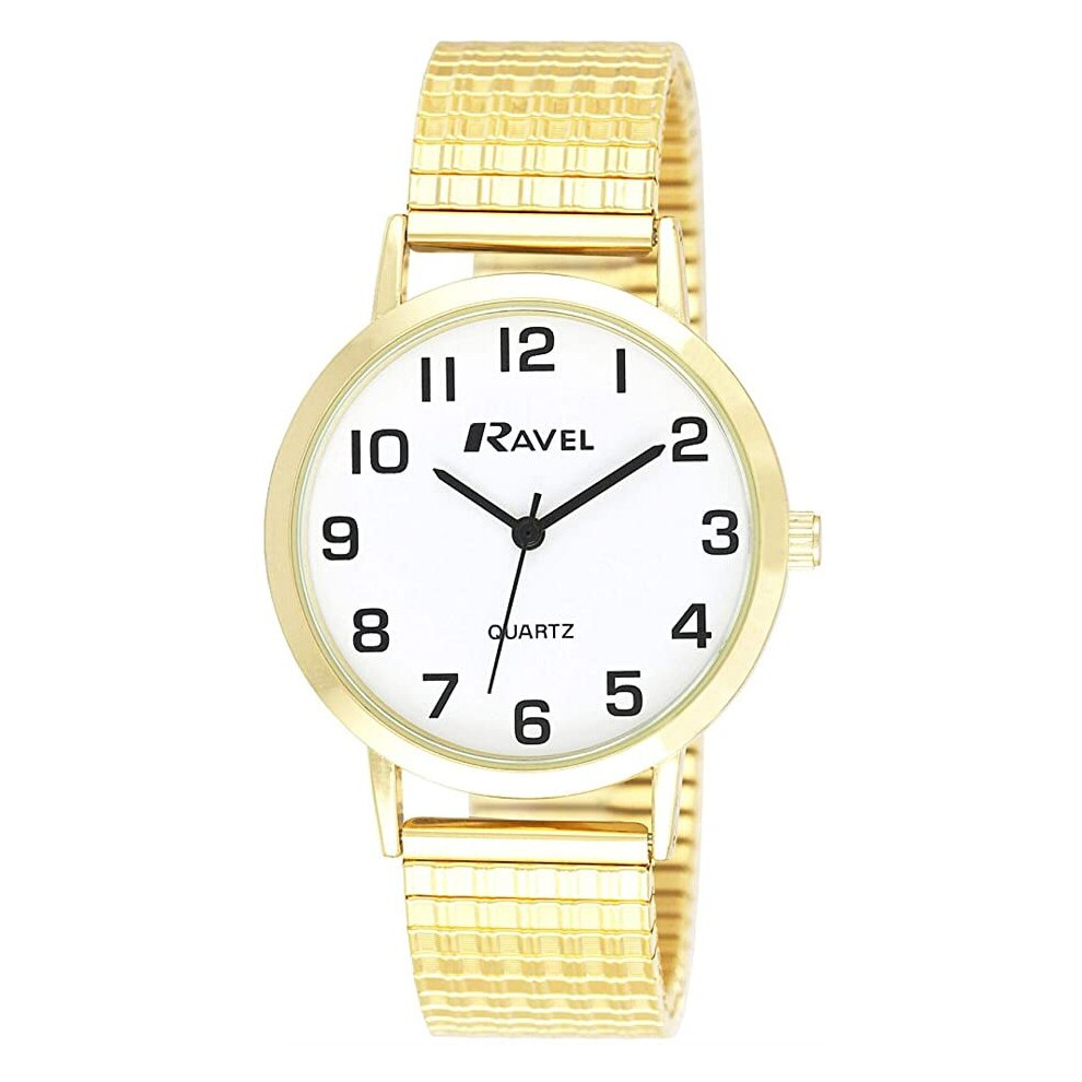 Ravel - Unisex Traditional Watch with Clear Numeral Dial on Expander Bracelet - Gold Tone