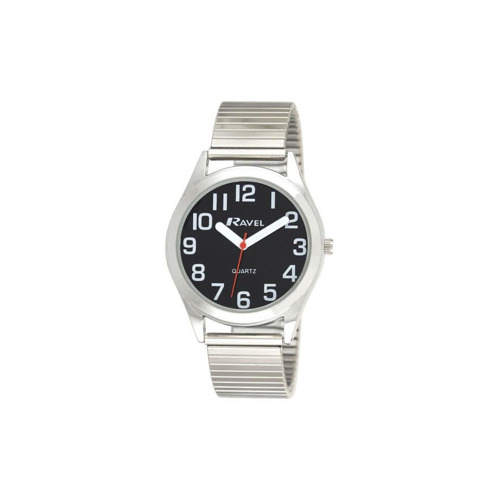 Ravel - Unisex Super Bold Sight Aid Watch with Big Numbers on Stainless Steel Expander Bracelet - Silver Tone/Black Dial