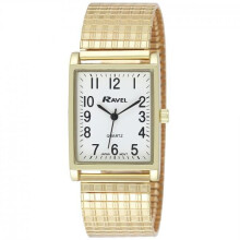 Ravel Gents White Rectangle Dial Goldtone Expander Bracelet Strap Dress Watch R0220.01.1