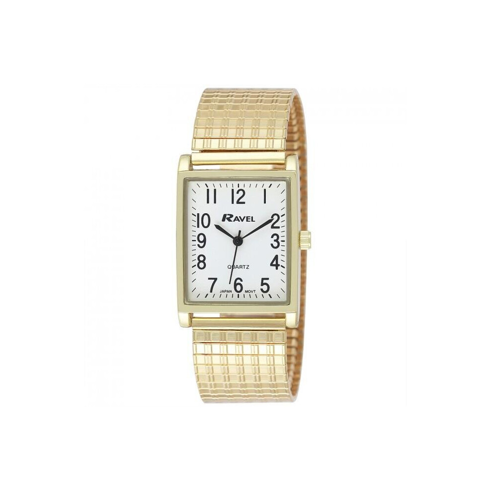 Ravel Gents White Rectangle Dial Goldtone Expander Bracelet Strap Dress Watch R0220.01.1