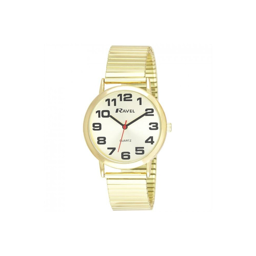 Ravel - Unisex Easy Read Watch with Big Numbers on Stainless Steel Expander Bracelet - Gold Tone/Champagne Dial