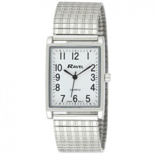 Ravel Gents White Rectangle Dial Silvertone Expander Bracelet Strap Dress Watch R0220.02.1