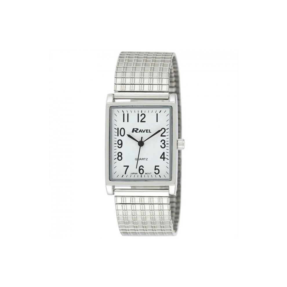 Ravel Gents White Rectangle Dial Silvertone Expander Bracelet Strap Dress Watch R0220.02.1