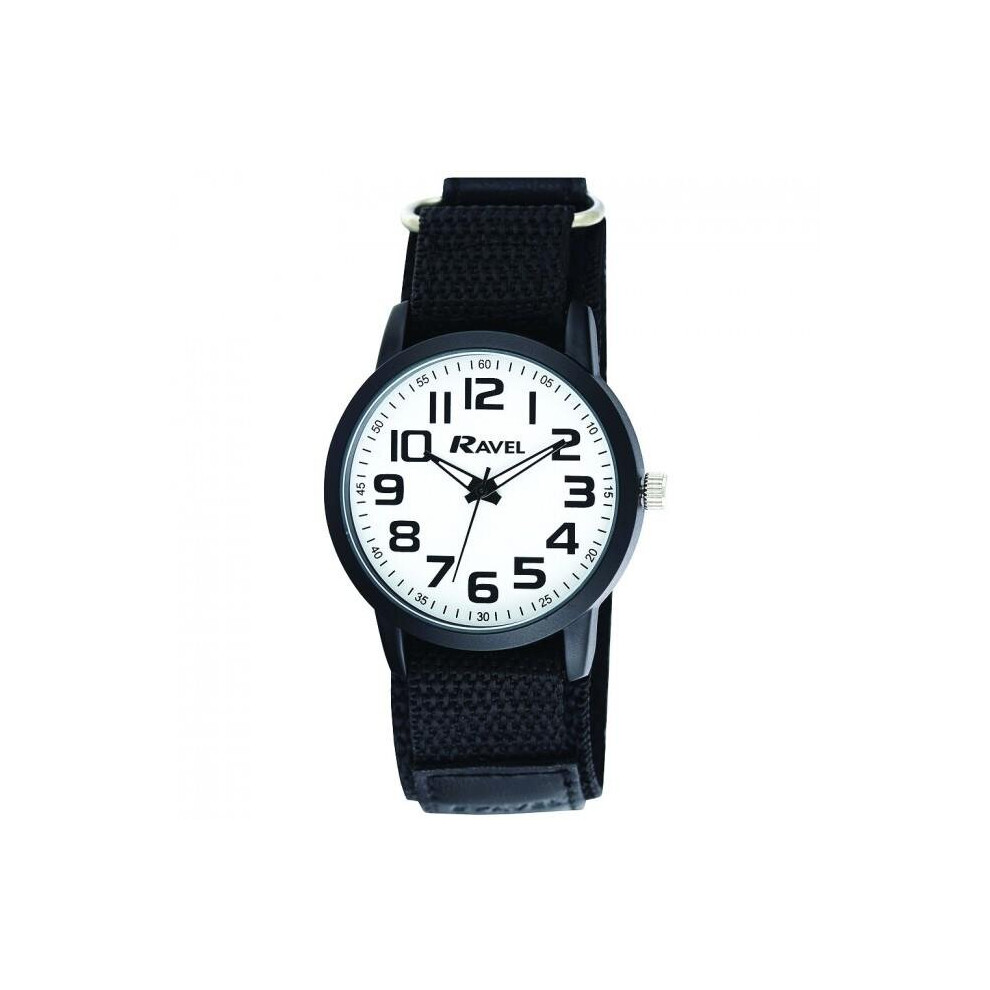 Ravel - Men's Modern Workwear Watch with Easy-Fasten Strap - Black/White Dial/Black Strap