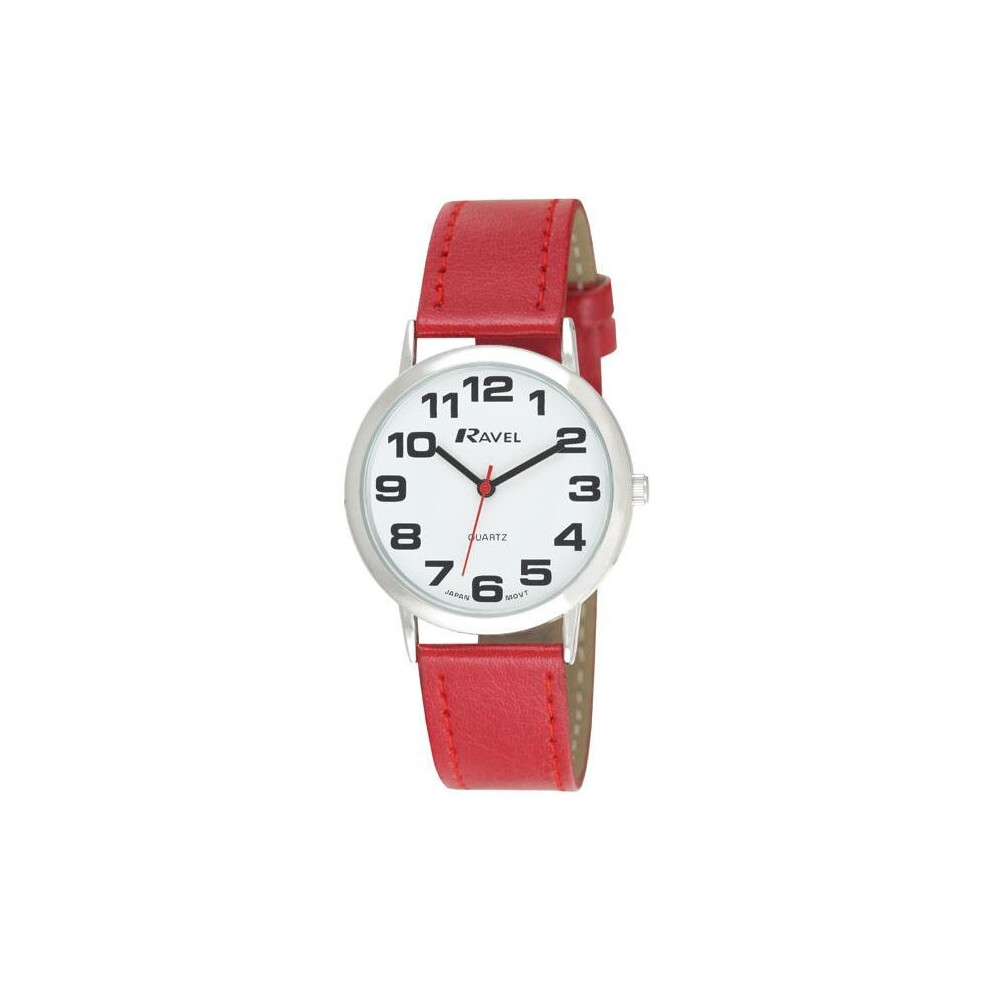 Ravel Unisex Easy Read Watch With Big Numbers - / Tone/ Dial Red/Silver/Black