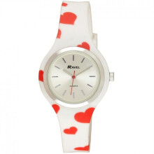 Ravel Women's Heart Quartz Watch with Patterned Silicone Strap - White/Red Hearts