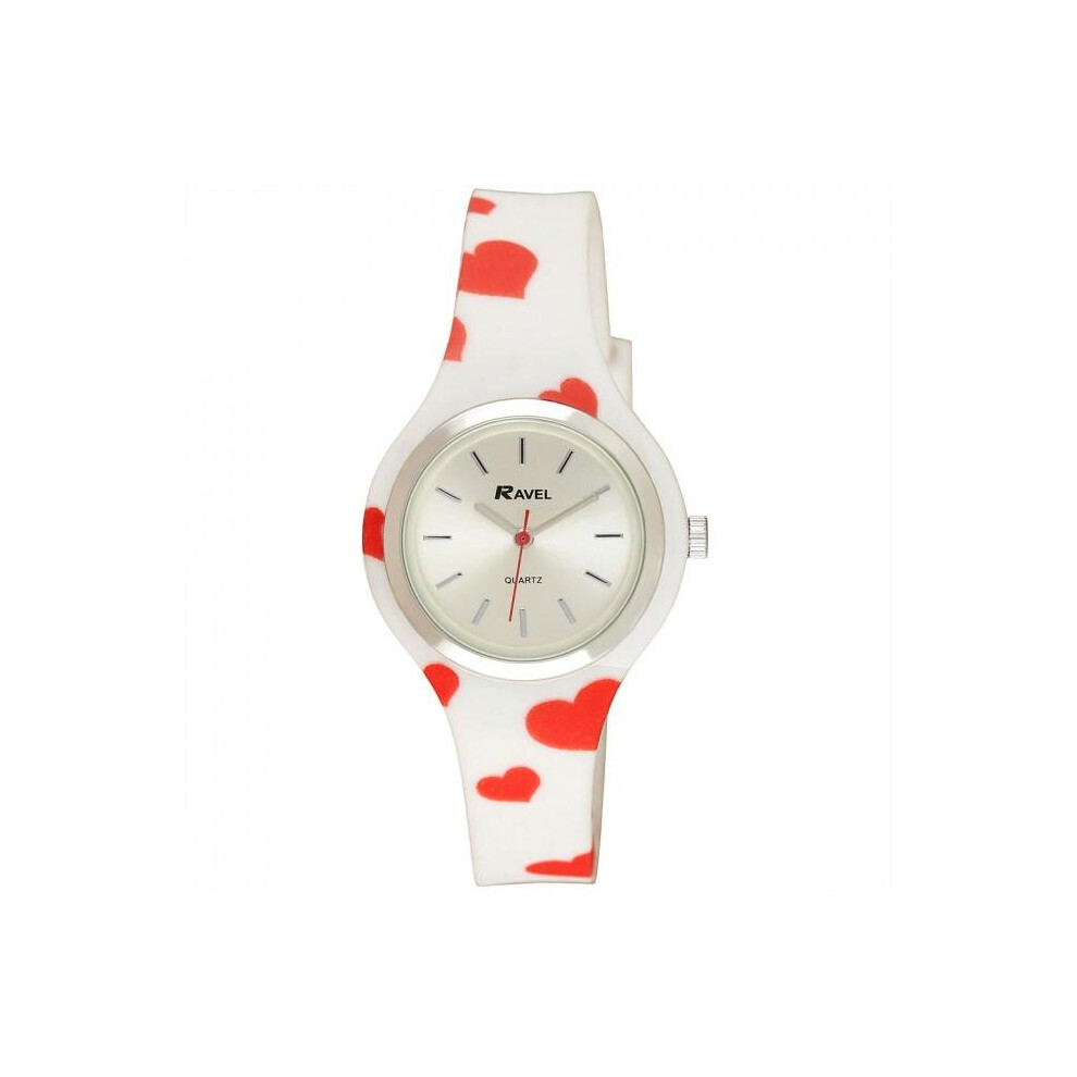 Ravel Women's Heart Quartz Watch with Patterned Silicone Strap - White/Red Hearts