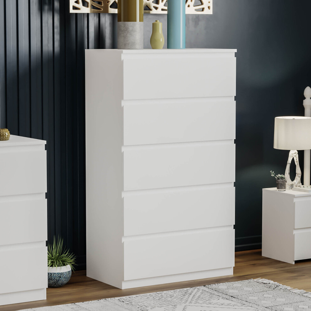 (White) Denver 5 Drawer Chest Garment Storage Bedroom Unit