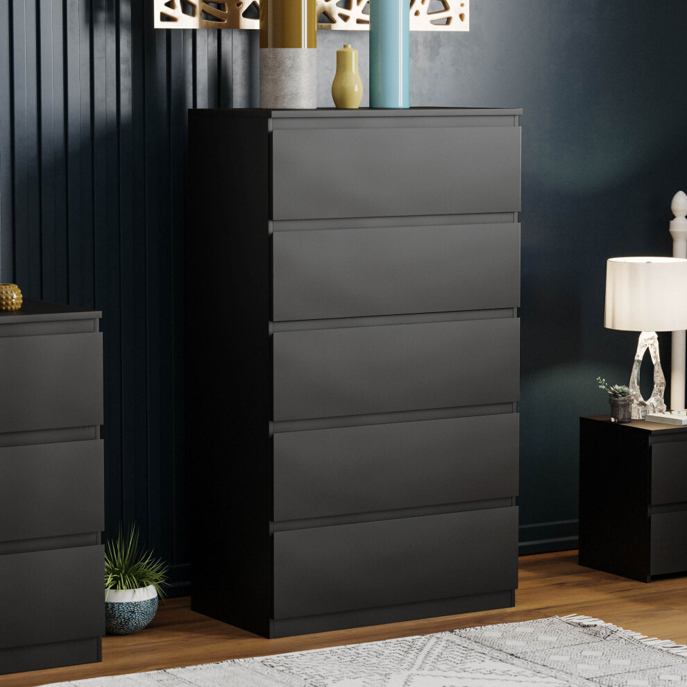 (Black) Denver 5 Drawer Chest Garment Storage Bedroom Unit