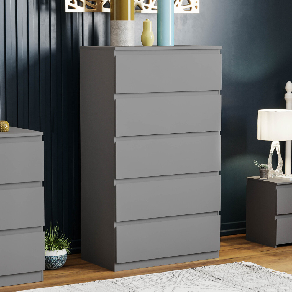 (Grey) Denver 5 Drawer Chest Garment Storage Bedroom Unit