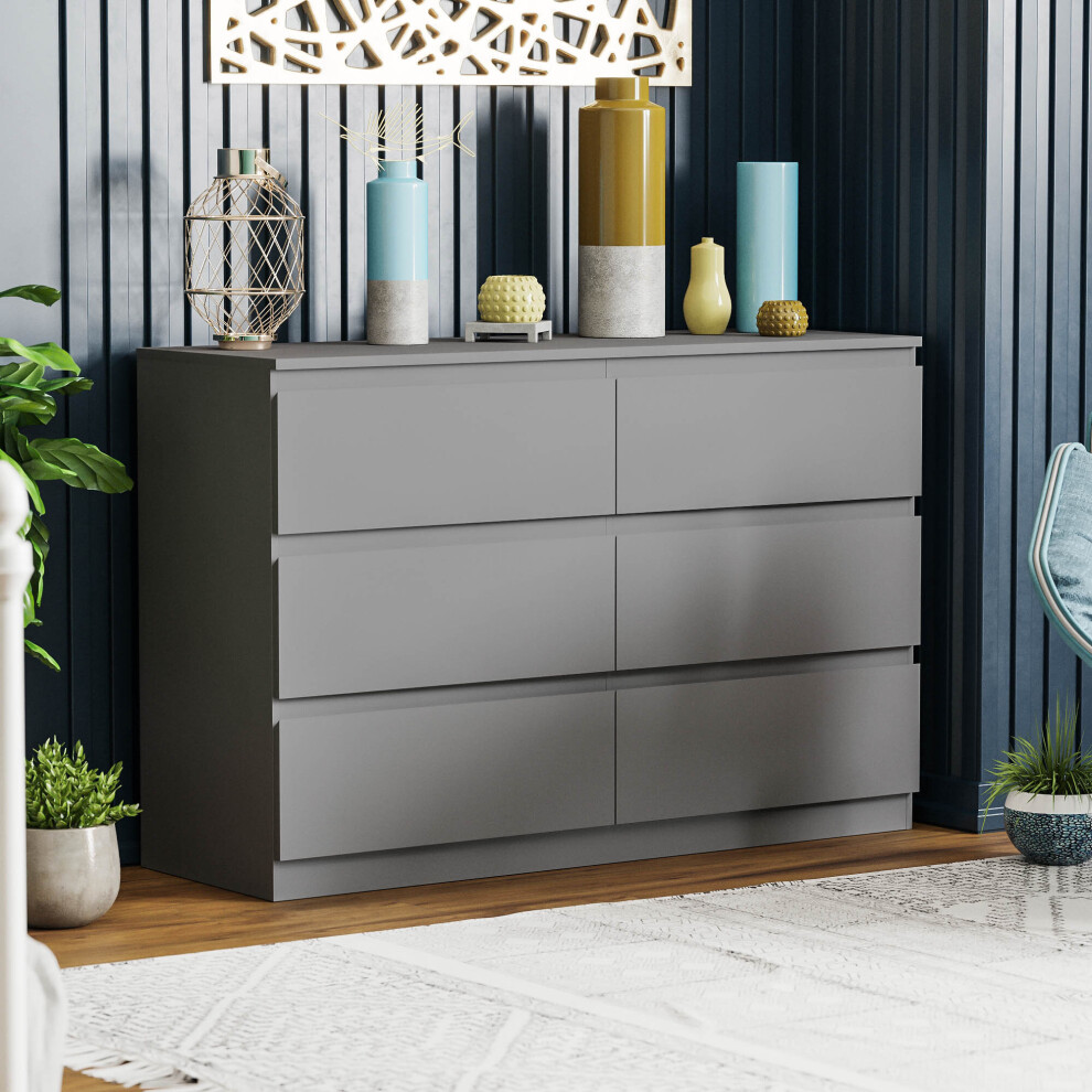 (Grey) Denver 6 Drawer Chest Wide Bedroom Garment Storage