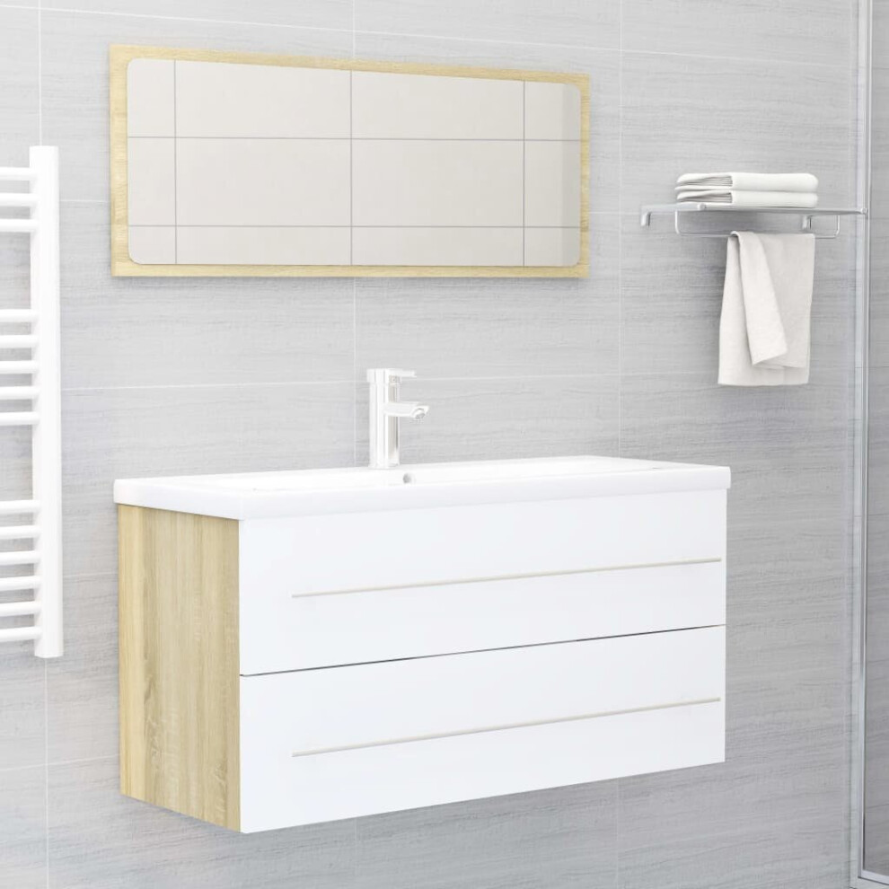 vidaXL Bathroom Furniture Set 2 Piece White and Sonoma Oak Chipboard Cabinet