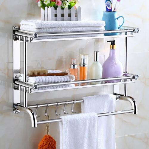 Living And Home (2 Tier) Chrome Towel Rail Holder Wall Mounted Bathroom Rack Shelf