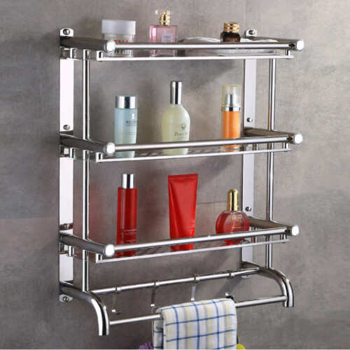 Living And Home (3 Tier) Chrome Towel Rail Holder Wall Mounted Bathroom Rack Shelf